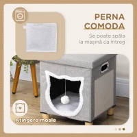 PawHut Căsuță pentru Pisici cu Covoraș pentru Zgâriat, Pernă și Minge, din Lemn și Poliester, 35.5x35.5x42.5 cm, Crem și Gri(m-6)