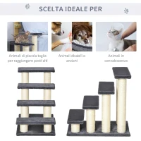 PawHut Scaletta per Cani e Gatti a 4 Gradini con Rivestimento in Peluche e Pali Graffiatoio in Sisal, Grigio(m-4)