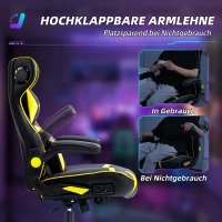 Vinsetto Gaming Stuhl mit Schaukelfunktion und Lautsprecher, Lenden- und Nackenstütze, für Spielzimmer, Kunstleder, Gelb+Schwarz(m-7)