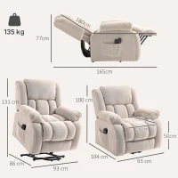 HOMCOM Sillón Relax Reclinable Eléctrico Levanta Personas Masaje Vibratorio y Calor Asiento Ancho Puerto USB Bolsillos Beige(m-3)