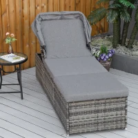 Outsunny Sonnenliege aus Polyrattan mit Sonnendach Gartenliege verstellbar Rattanliege Gartenmöbel Liege mit Kissen Grau 195 x 65 x 40 cm(m-10)