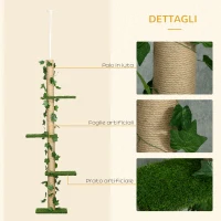 PawHut Albero Tiragraffi per Gatti a Soffitto Alto 202-242 cm Regolabile con Asta di Tensione, Verde(m-6)