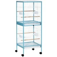 PawHut Grande Cage à Oiseaux sur Pied Double avec Mangeoires Perchoirs Plateau Amovible Roulettes 51,5 x 50 x 140 cm Bleu Clair(m-1)
