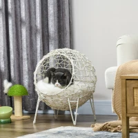 Pawhut Rattan Katzenkorb Katzenhöhle Katzenhütte Katzenbett mit Kissen erhöhtes Design Haustierbett Cremeweiß Ø45 x 57H cm(m-9)