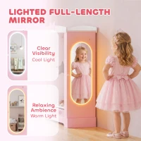 AIYAPLAY Kids Wardrobe with Lighted Mirror, Clothes Rail, Jewelry Cabinet, Shelves, Storage Boxes for Bedroom, Nursery, Pink(m-5)