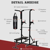 HOMCOM Dipstation krachtstation trainingsapparaat multifunctionele bokszak opklapbaar staal(m-6)