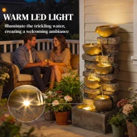 Outsunny 28" 5-Tier Outdoor Fountain, Cascading Waterfall Feature with LED Lights, Adjustable Flow, Rustic Brown(m-5)