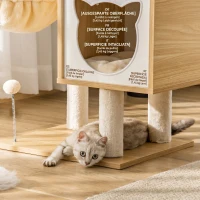 PawHut Tiragraffi per Gatti con 2 Pali, Casetta, Amaca, Lettino e 2 Palline, in Legno, Pile e Sisal, 48x40x126 cm(m-8)
