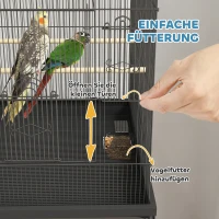 PawHut Vogelkäfig für Kanarienvögel & Wellensittiche, mobil, mit Bodenfach, Metallgitter, Schwarz(m-6)