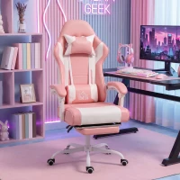 HOMCOM Cadeira Gaming Reclinável 155° com Suporte Lombar com Massagem Apoio de Cabeça e Apoio para os Pés 63x66x126-134 cm Rosa(m-9)