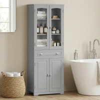 HOMCOM Freestanding Kitchen Cupboard, Storage Cabinet with 2 Adjustable Shelves, Drawer and Glass Door for Living Room, Grey(m-8)
