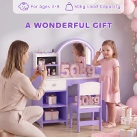 AIYAPLAY Kids Vanity Set, Girls Dressing Table with Stool, 2-Colour Lights Mirror, Pretend Dresser Gift for Ages 3-8, Purple(m-8)