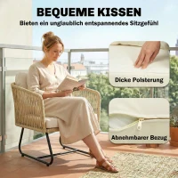 Outsunny Rattan Bistroset 3-delig FSC Tuinmeubelset met 2 Fauteuils, Latten Houten Tafel, Dikke Wasbare Kussens, Stalen Frame(m-7)