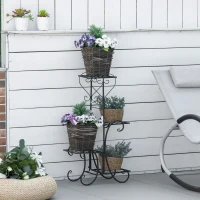 Outsunny Blumenständer Blumenregal aus Metall 4 Ebenen Pflanzenregal Blumentreppe Blumenständer für innen und außen Garten Balkon Schwarz 45 x 24,5 x 80 cm(m-10)