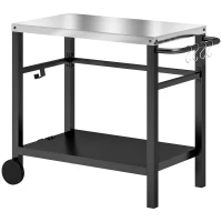 Outsunny Grillwagen 2-Etagen Servierwagen mit Arbeitsfläche Ablagen Haken Räder Edelstahl 102 x 56 x 81cm(m-1)