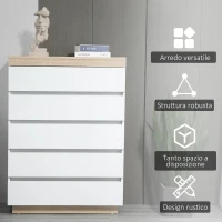 HOMCOM Cassettiera 5 Cassetti Minimal in Legno, 80x40x109 cm, Bianco e color Rovere(m-5)