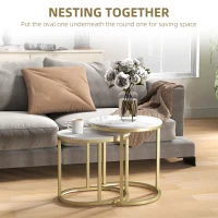 HOMCOM Nest of Tables with Steel Frame and Faux Marble Tabletop, Modern Coffee Table Set of 2, Gold Tone/White(m-4)