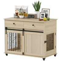 PawHut Dog Crate Furniture on Wheels, Dog Cage with 2 Drawers, Sliding Door, for Medium Large Dogs, Oak Tone(m-11)