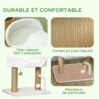 PawHut Arbre à chat grattoir design avec jeu 2 pompons suspendus 2 poteaux sisal plateforme peluche sisal 48 x 38 x 42 cm beige(m-4)