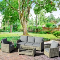 Outsunny PE-Gartenmöbelset 5tlg. für 4 Personen, Gartensitzgruppe, abnehmbare Polster, Braun + Grau(m-10)