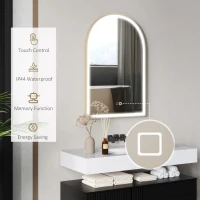 HOMCOM 90 x 60 cm Bathroom Mirror with LED Lights, Anti-Fog Arched Vanity Mirror with 3 Colour Dimmable, Gold Tone(m-8)