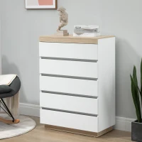 HOMCOM Cassettiera 5 Cassetti Minimal in Legno, 80x40x109 cm, Bianco e color Rovere(m-10)