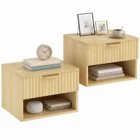 HOMCOM Floating Nightstands Set of 2, Modern Wall-Mounted Bedside Tables with Fluted Drawer and Open Shelf for Bedroom, Oak(m-13)