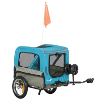 PawHut Reboque de Bicicleta para Cães 2 em 1 Carrinho para Animais de Estimação com Cinto de Segurança Guiador de Empurre Removível Bandeira e Refletores Carga Máxima 10kg 129x55,5x92cm Azul(m-12)