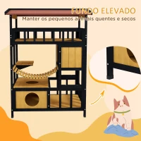 PawHut Casa para Gatos de Madeira 84x60x116 cm Abrigo para Gatos de 4 Níveis para Exterior com Ponte Suspensa Varanda Natural(m-7)