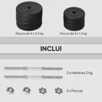 HOMCOM Conjunto de Halteres Ajustáveis 20 kg com Barra de Conexão de Aço e Discos Conjunto de Pesos para Treinamento Preto(m-6)