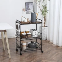 HOMCOM Carrinho de Cozinha com Rodas Carrinho Auxiliar de 3 Níveis com 2 Cestas e 4 Ganchos 60x38x85,5 cm Castanho Rústico(m-2)