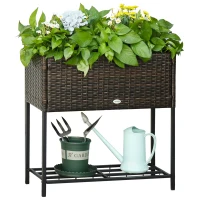 Outsunny Poly rotan bloembak met verhoogd bed en poten Bloempot met plank bruin 70 x 30 x 72 cm(m-10)