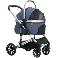 PawHut 3 in 1 Opvouwbare Hondenbuggy voor Katten tot 10 kg, met Kussen en Bekerhouder, Donkerblauw(m-1)