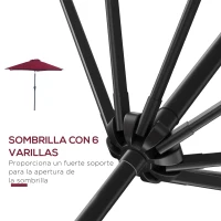 Outsunny Sombrilla de Jardín, Ø260x235 cm, Parasol de Jardín Reclinable con Manivela, Poste Desmontable de Aluminio y 6 Varillas de Metal, para Terraza, Exterior, Balcón, Rojo(m-8)