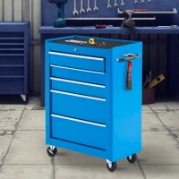 HOMCOM Chariot à outils sur roulettes, Servante d'atelier en acier 5 tiroirs verrouillable 2 clés, 61,5 x 33 x 82,5 cm, bleu(m-10)