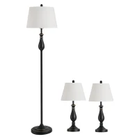 HOMCOM 3er-Set Stehlampen-Set inkl. 2 Tischleuchten, 1 Stehleuchte, Tischlampen-Set mit E27 Fassung, Lampenschirm aus Leinen Standlampe für Wohnzimmer, Schlafzimmer, Weiß+Schwarz(m-12)