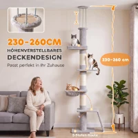 PawHut Plafondhoge krabpaal 230–260 cm, verstelbaar, met 5 niveaus, 3 dikke sisalpalen en sisal krabmat(m-5)