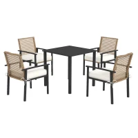 Outsunny Gartengarnitur, 5-teilig, Tisch, 4 Stühle mit Sitzkissen, Metallrahmen, Rattandekor, Natur(m-1)