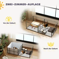 PawHut Werpkist voor puppy's, werpkist/puppyren met 7 panelen, 2 zones, wasbaar werpkussen, 203x102x60cm Zwart(m-6)