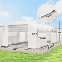 Outsunny Invernadero de Túnel 6x3x2 m con 3 Puertas Enrollables 6 Ventanas de Malla y Estructura de Acero Galvanizado Blanco(m-3)