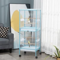 PawHut Grande Cage à Oiseaux sur Pied Double avec Mangeoires Perchoirs Plateau Amovible Roulettes 51,5 x 50 x 140 cm Bleu Clair(m-2)