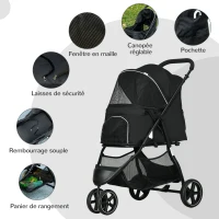 PawHut Poussette pour chien chat animaux de compagnie pliable 2 laisses roues EVA guidon réglable panier 83 x 55 x 101 cm noir(m-7)