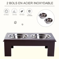 PawHut Gamelles chiens surélevées gamelle double chien chat Porte-gamelles surélevé dim. 44L x 24l x 15H cm 2 gamelles 0,9L acier inox. incluses bois  chocolat(m-6)