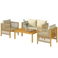 Outsunny Conjunto de Móveis de Jardim de 4 Peças com Sofá de 2 Lugares 2 Poltronas Mesa de Madeira Almofadas e Corda de PP Madeira e Bege(m-11)
