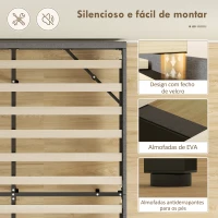 HOMCOM Cama 140x190 cm com Luzes LED Estofada em Linho Ripas de Madeira Silenciosa Fácil de Montar Cinzento(m-8)