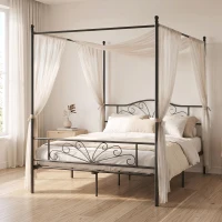 HOMCOM Canopy Bed Frame Double Size, Metal Platform Bed Frame with Headboard and Footboard, Underbed Storage, Black(m-2)
