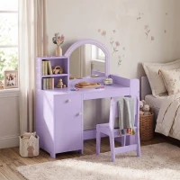 AIYAPLAY Kids Vanity Table and Chair Set, Girls Dressing Table with 2-Colour LED Mirror, Stool, Cabinet, Drawer, Shelves, Purple(m-9)