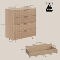 HOMCOM Bedroom Chest of Drawers with 4 Drawers, Fluted Dresser with Gold Tone Handles, Storage Cabinet, Natural(m-3)