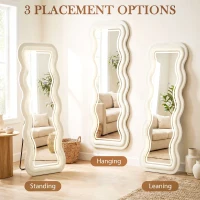HOMCOM Full Length Mirror, 160 x 60 cm Wavy Full Body Wall Standing Mirror with Velvet Frame and LED Light Strip, Cream White(m-6)