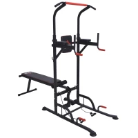 HOMCOM Station de traction musculation multifonctions Fitness entrainement complet barre de traction poignées push-up sit-up banc pliable hauteur réglable acier 98 x 220 x 229 cm noir rouge(m-1)